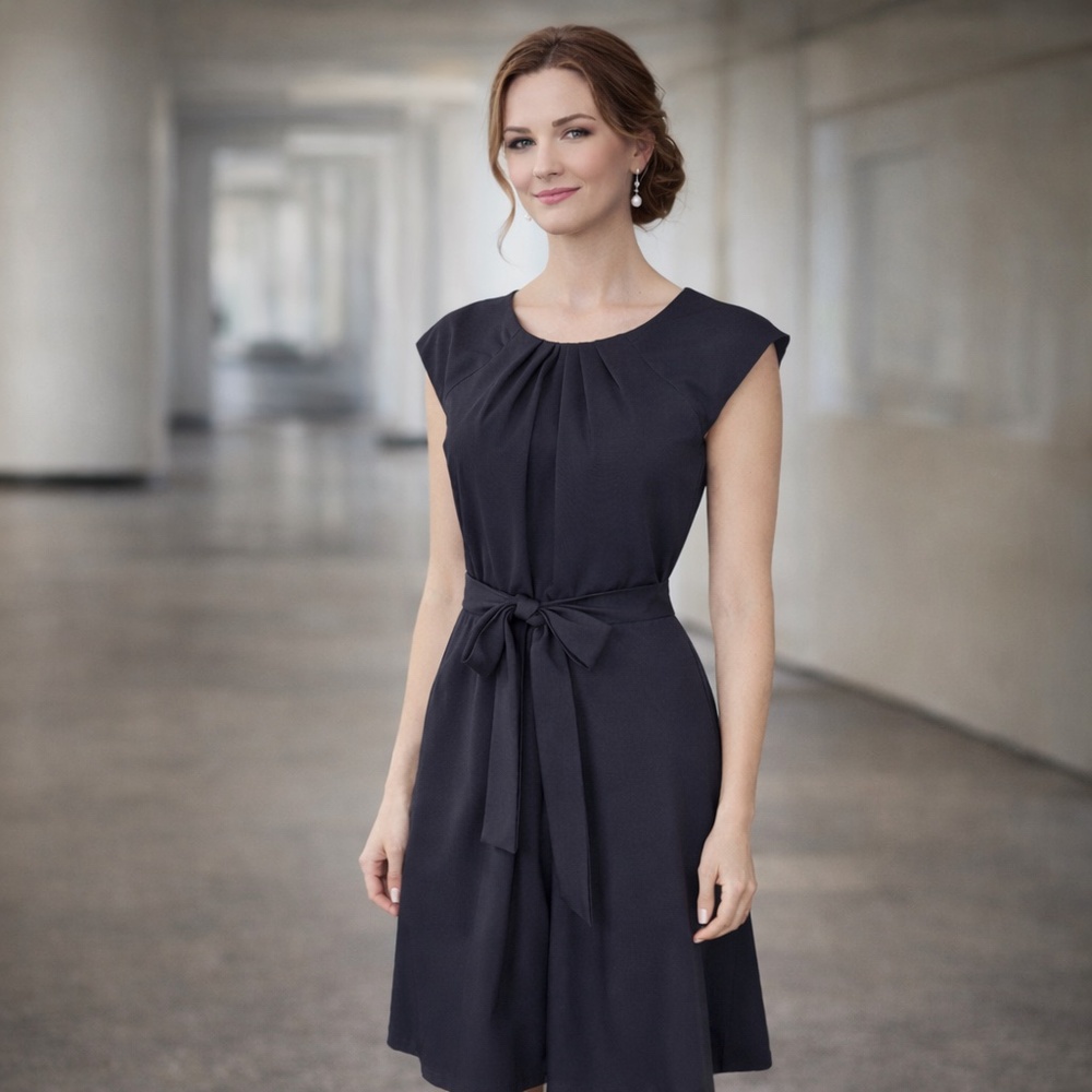 Calvin Klein - Navy Pleated A-Line Dress, Office, Church